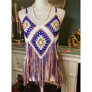 Rebellion Crochet Cami Top Large Multicolor Excellent Fringe Boho Festival